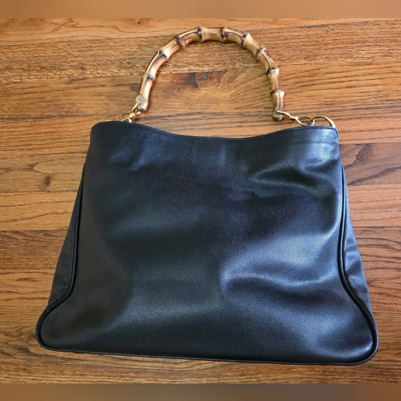 Mottini Newport Beach Handbags - Mottini Newport Beach Black Leather Handbag with Bamboo Handle